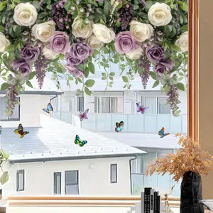 Elegant purple and white rose floral window decal with colorful butterfly stickers