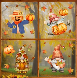 Adhésifs de fenêtre de Thanksgiving avec gnomes et citrouilles sur une vitre