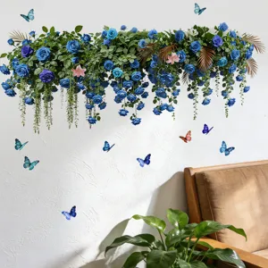 Detailed view of blue rose hanging flower wall sticker with colorful butterflies