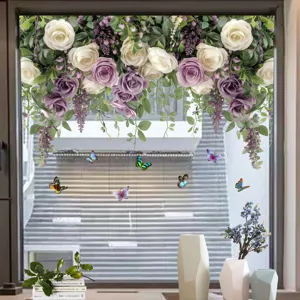 Beautiful purple and white rose flower cluster with colorful butterfly window decals decor