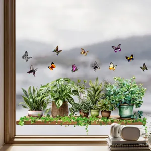 Vibrant static cling window decals with green potted plants and colorful butterflies.