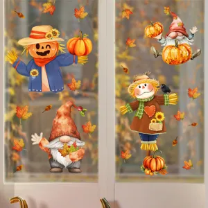 Autocollants de fenêtre de Thanksgiving avec citrouilles, gnomes et feuilles d'érable d'automne.