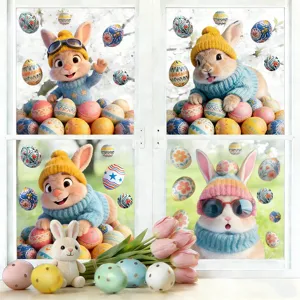 Easter static window clings featuring 3D cartoon rabbits and decorative colorful eggs decorations.
