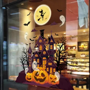 Λεπτομέρεια αυτοκόλλητου Halloween με κολοκύθα κάστρο και μάγισσα
