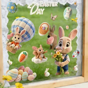 Easter window clings featuring cute rabbits and colorful hot air balloon decorations