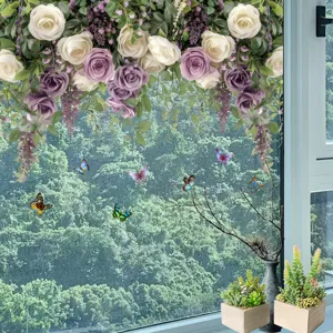 Decorative butterfly and flower window decals on glass with a scenic garden background