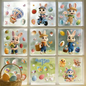 Easter bunny static window stickers with hot air balloon and colorful eggs decoration