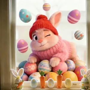 3D Easter bunny and colorful eggs static cling window sticker for home decor