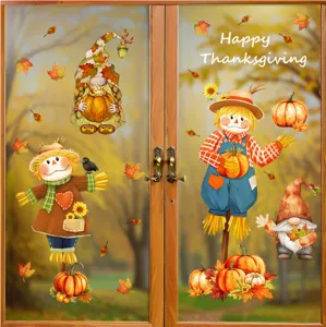 Autocollants de fenêtre de Thanksgiving avec citrouilles, épouvantails et gnomes sur verre