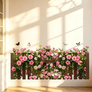 Sticker mural autocollant avec roses roses, papillons et clôture pour décoration