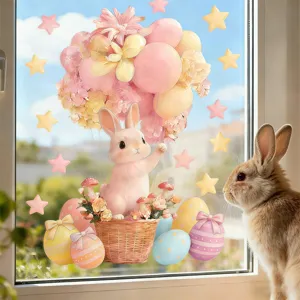 Adesivo finestra con coniglio di Pasqua, mongolfiera e uova