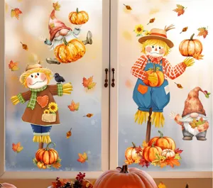 Détail décoratif de stickers fenêtre de Thanksgiving avec gnomes, épouvantails et feuilles d'érable