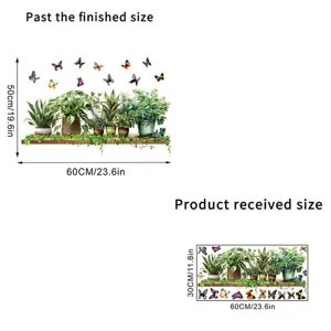 Detailed dimensions showing the finished effect and original layout of green plant stickers.