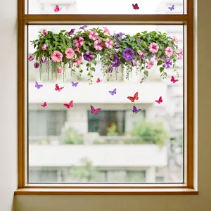Gedetailleerde weergave van kleurrijke vlinder- en bloemenmand raamstickers op glas