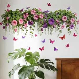 Detailed macro view of colorful butterfly and floral hanging basket wall decals.
