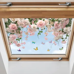 Removable UV window stickers featuring pink roses and colorful butterflies on skylight glass