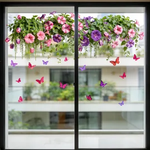 Gedetailleerde weergave van kleurrijke vlinder en bloemenmand raamstickers statisch