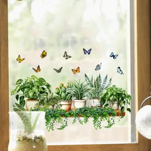 Green plant and butterfly static cling window stickers on glass for home decoration