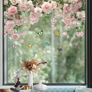 Realistic detail of pink roses and colorful butterfly window stickers on a glass pane