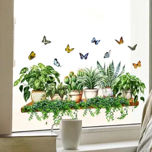 Decorative green plant and butterfly static window cling sticker for home glass windows