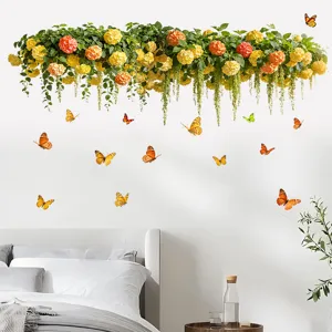 Detailed view of colorful butterfly and flower wall stickers applied in a cozy bedroom