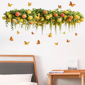 Vivid butterfly and hanging flower basket wall stickers in a bedroom setting