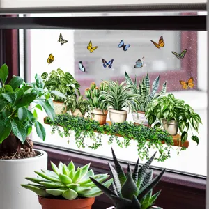 Realistic green plant and butterfly static cling window stickers for home decor