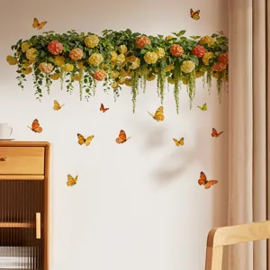Floral wall decals featuring colorful 3D butterflies and hydrangea hanging basket vines for bedroom