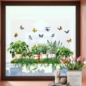 Realistic green plant and butterfly static window stickers applied to a glass window
