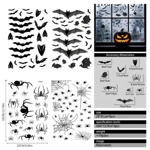Σετ αυτοκόλλητα παραθύρου Halloween με νυχτερίδες αράχνες και ιστούς μαύρο