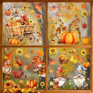 Stickers de Fenêtre Statique Action de Grâce Citrouille Feuille d'Érable Gnome Décoration d'Automne pour Magasin Maison