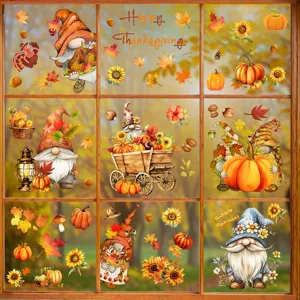 Autocollants de fenêtre de Thanksgiving avec gnomes, citrouilles et feuilles d'automne