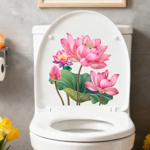Detail view of waterproof lotus flower toilet lid sticker on a white toilet