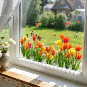 Vibrant tulip and butterfly window stickers on glass with a sunny garden background.