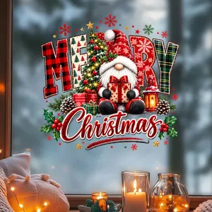 Detailed view of gnome Merry Christmas static window cling sticker in a home setting