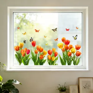 Colorful tulip and butterfly static window stickers shown on a clear glass window frame