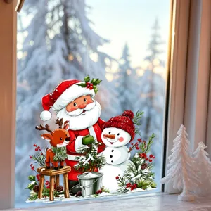 Santa Claus and snowman static cling window sticker applied to a clear glass pane