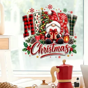 Detail showing a Christmas gnome static window sticker with tree and festive decorations