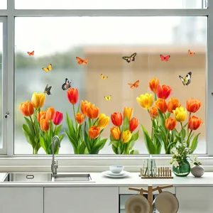 Colorful tulip and butterfly static window stickers applied on a kitchen window