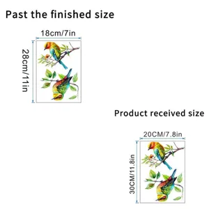 Colorful bird on branch wall decal size guide 20x30cm sheet for window glass decor.