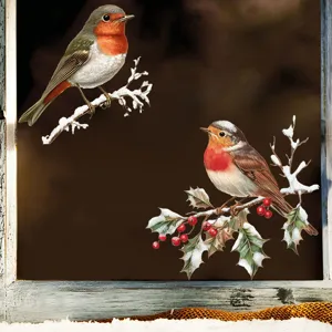 Detailed view of robin birds on snowy branches decorative window stickers for glass