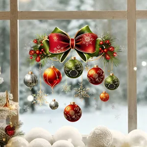 Festive Christmas bow and hanging ornaments static cling window sticker for glass decor