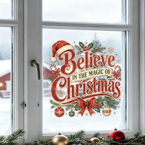 Festive Christmas quote window sticker showing 'Believe' on a glass window pane