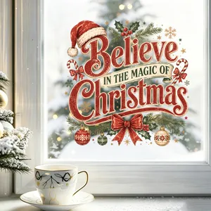 Detailed close-up of Believe in the magic of Christmas static cling window sticker