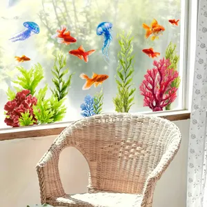 Ocean theme window stickers with jellyfish and goldfish patterns on glass window