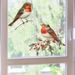 Realistic robin birds and snow-covered branch glass window stickers for home decor.