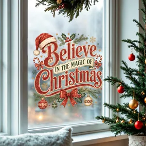 Detailed view of Believe in Magic Christmas static window cling decal