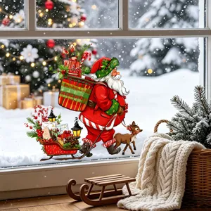 Festive Christmas Santa Claus and reindeer static window stickers on a glass window.