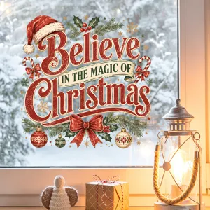 Festive 'Believe in the Magic of Christmas' static window sticker displayed on glass
