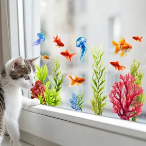 Colorful realistic goldfish and jellyfish static window stickers for home glass decor